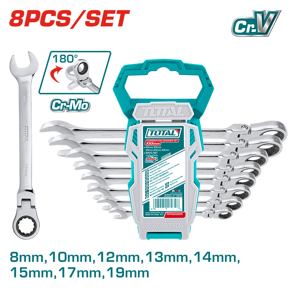 Set chiavi combinate a cricchetto con snodo, 8 pezzi