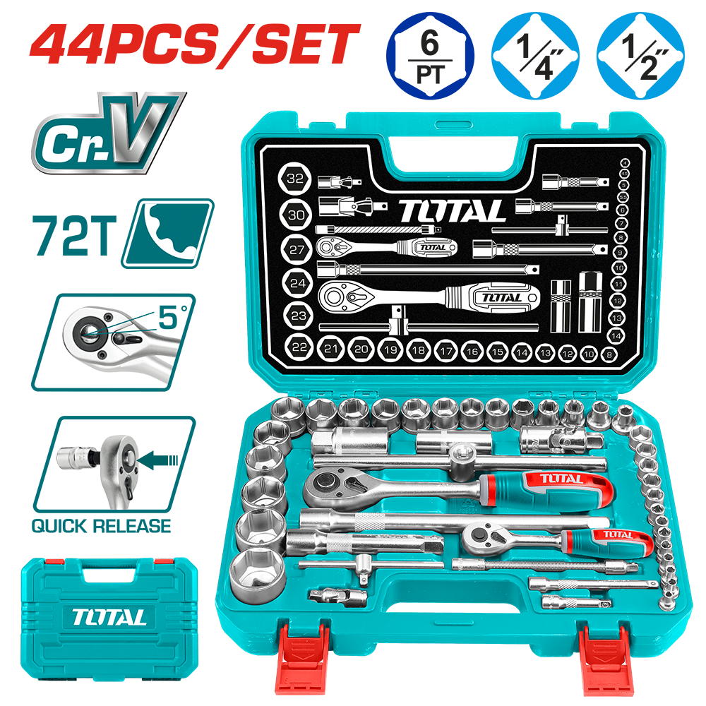Set di chiavi a bussola 1/4” e 1/2” in valigetta, 44 pezzi