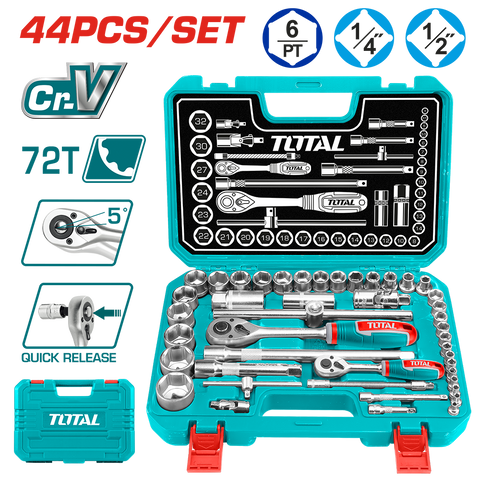 Set di chiavi a bussola 1/4” e 1/2” in valigetta, 44 pezzi