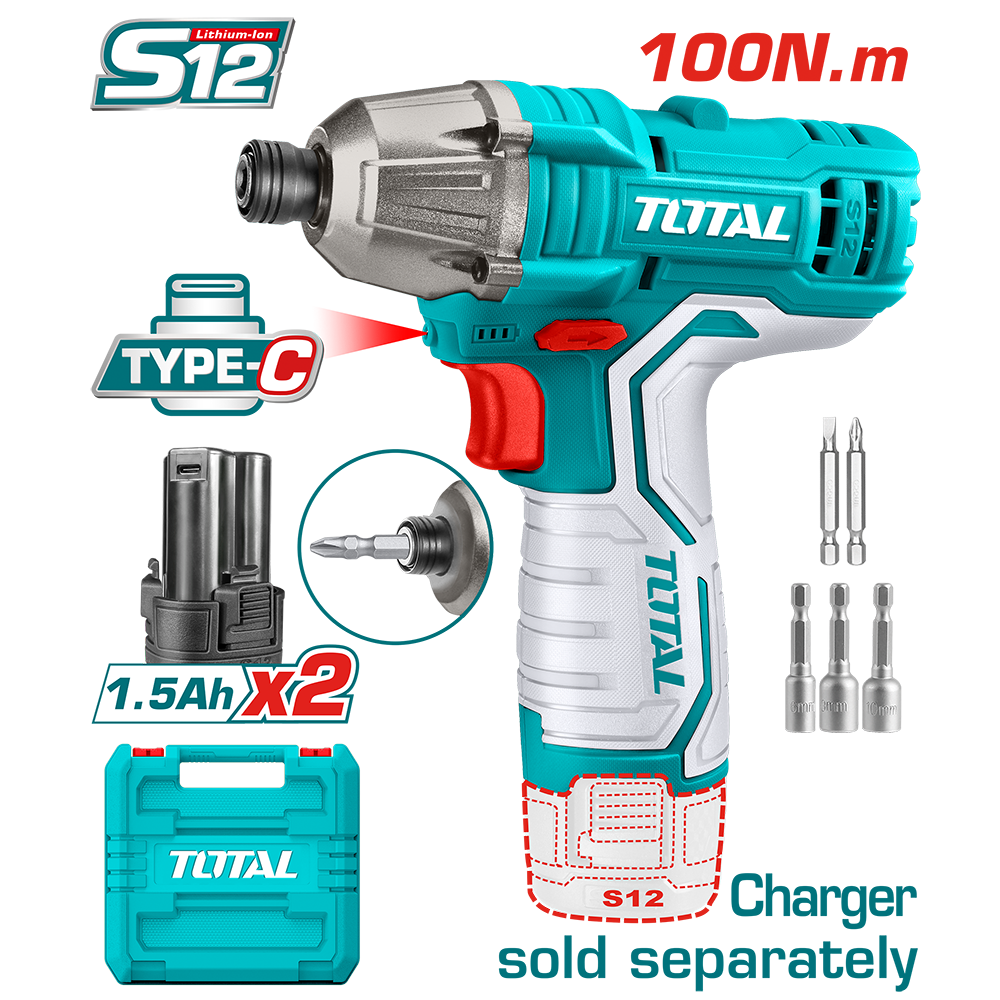 Avvitatore ad Impulsi 12V, 1/4", 100 Nm - Set Completo