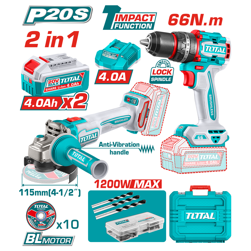 SET AVVITATORE 66 Nm e SMERIGLIATRICE ANGOLARE 115mm 1200 W CON BATTERIA CARICABATTERIA E ACCESSORI