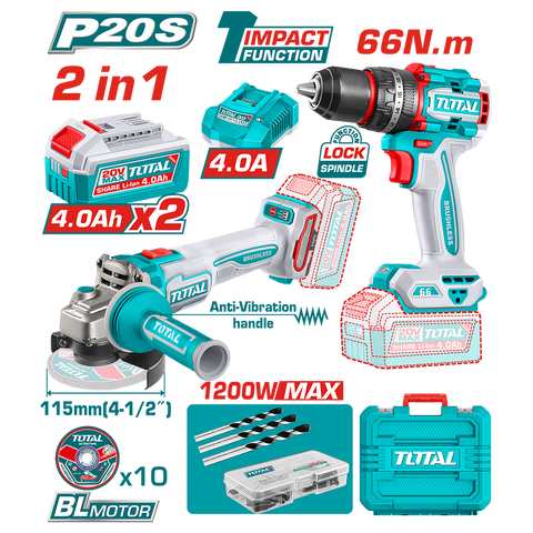 SET AVVITATORE 66 Nm e SMERIGLIATRICE ANGOLARE 115mm 1200 W CON BATTERIA CARICABATTERIA E ACCESSORI