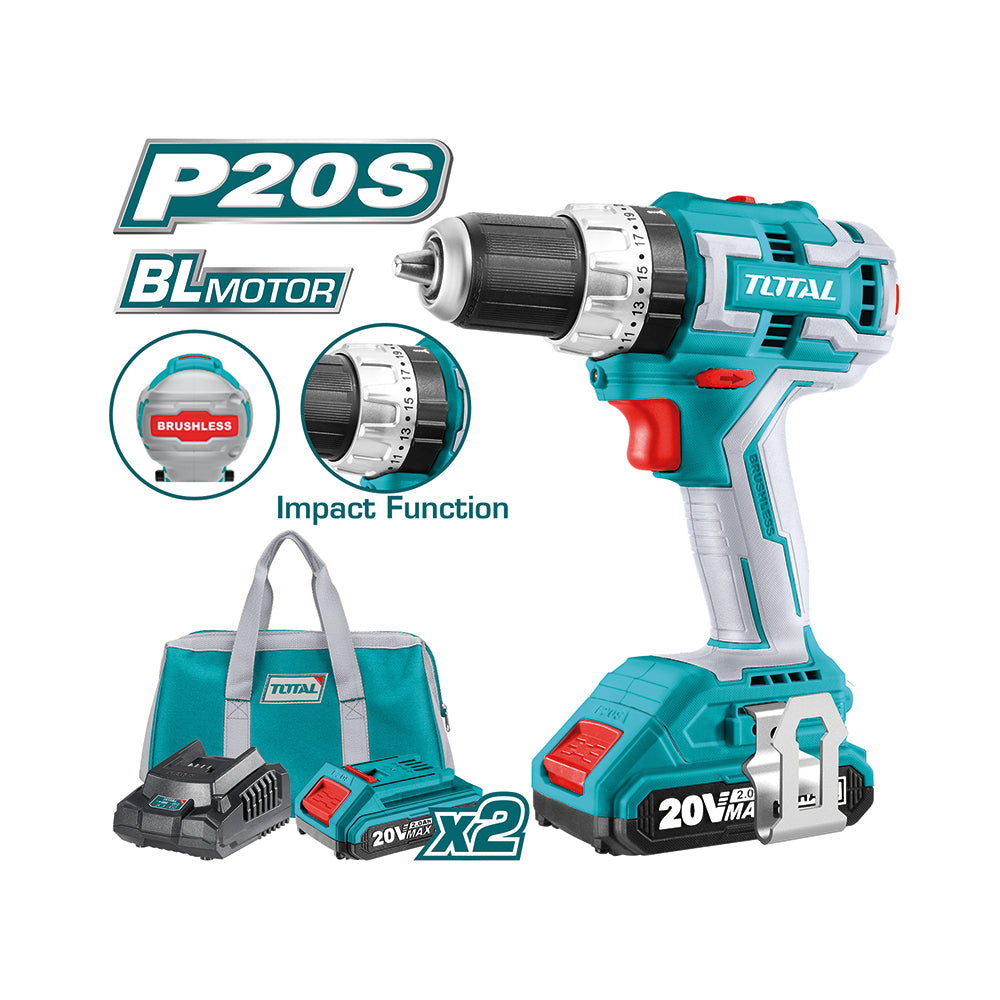 TRAPANO AVVITATORE 20 V CON PERCUSSIONE, MOTORE BRUSHLESS, 2 BATTERIE
